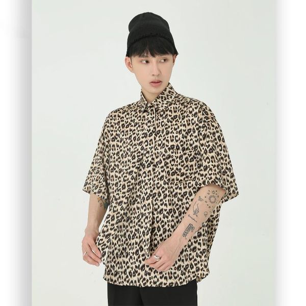 

men's casual shirts male women streetwear hip hop couple shirt men summer leopard print tie short sleeve loose vintage, White;black