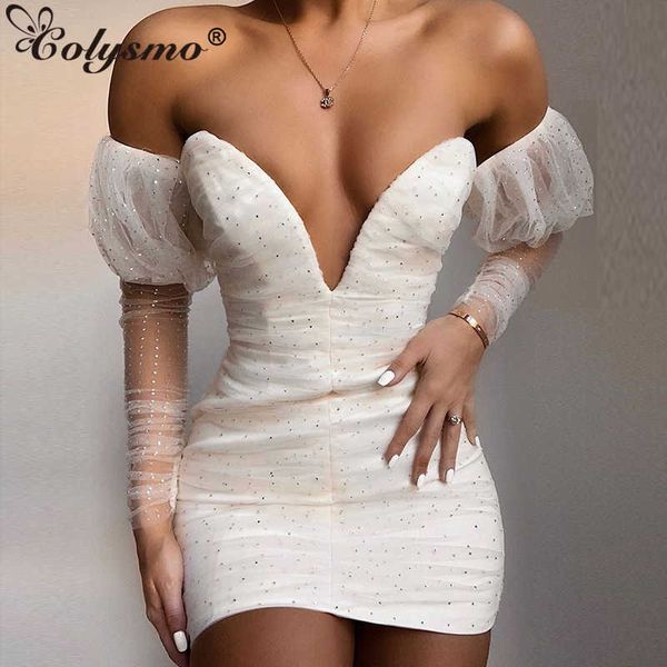 

colysmo sequin party dress women summer off shouler slim fit bodycon long sleeve mesh ruched short 210527, Black;gray