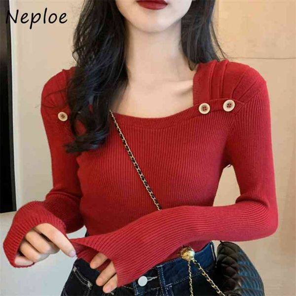 

square collar slim fit knitted pullovers chic button women sweaters autumn winter korean style design 210422, White;black