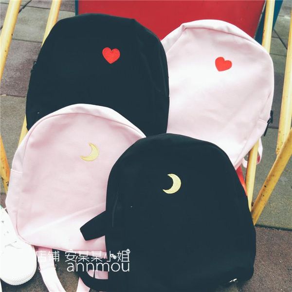 

fresh style women canvas backpack harajuku heart/moon backpacks for teenage girls black pink travel bag pack rucksack school bags