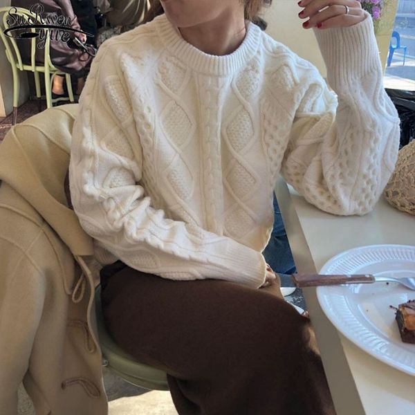 

korean retro twist women's sweater knitted bottoming shirt female autumn and winter new loose round neck pullover 11955 210417, White;black