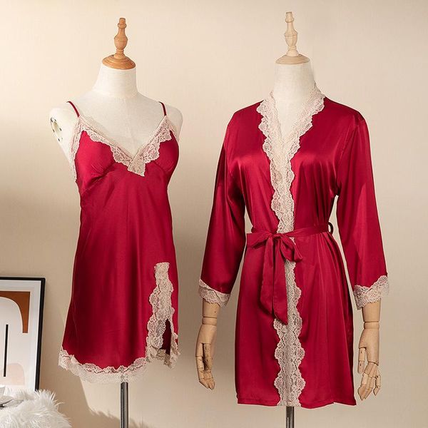 

women's sleepwear women summer kimono bathrobe gown bride bridesmaid wedding robe 2pcs loose casua nightgown lace satin home wear, Black;red