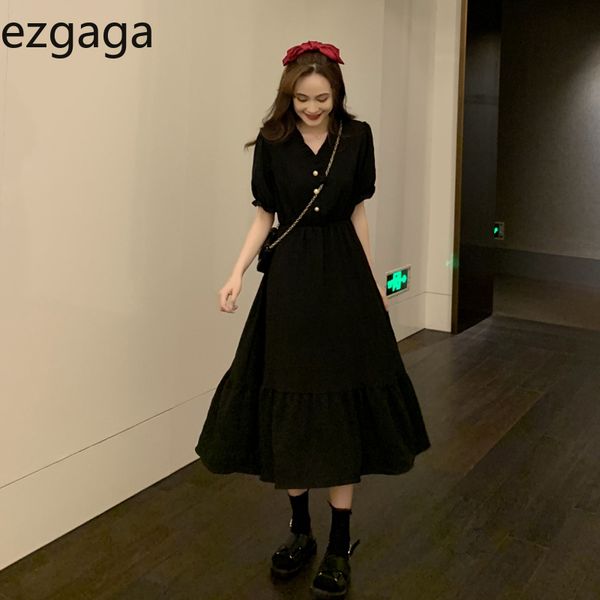 

ezgaga french style vintage dress women v-neck short sleeve summer new elegant a-line button loose high waist dresses fashion 210430, Black;gray