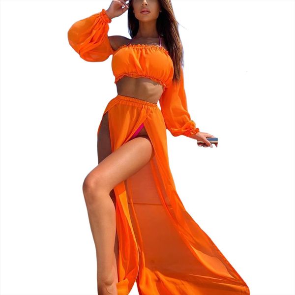 

clothing set off shoulder women tracksuits long sleeve and cover up skirt two piece solid color beach holiday, Gray