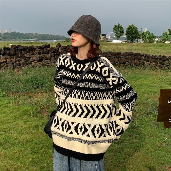 

women's sweaters qooth 2021 vintage winter thick women sweater full sleeve pullovers printed warm knitted loose jumper qt272, White;black