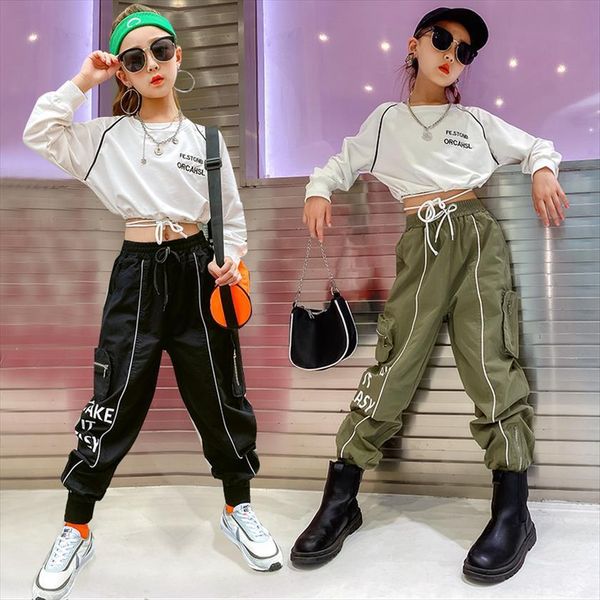 

stylish girls outfit hip hop short sweatshirt coats harem cargo pants suit teens girl spring autumn street jogger set, White