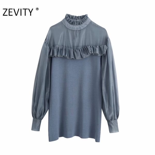 

zevity women fashion pleat ruffles transparent organza patchwork knitting mini dress chic lady vestido casual dresses ds4444 210419, Black;gray