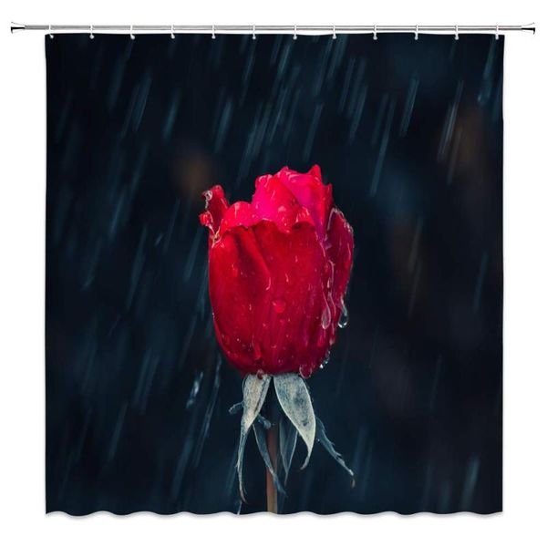 

red rose shower curtain vintage romantic flower valentine's day love spring floral bloom green leaf plant black background curtains