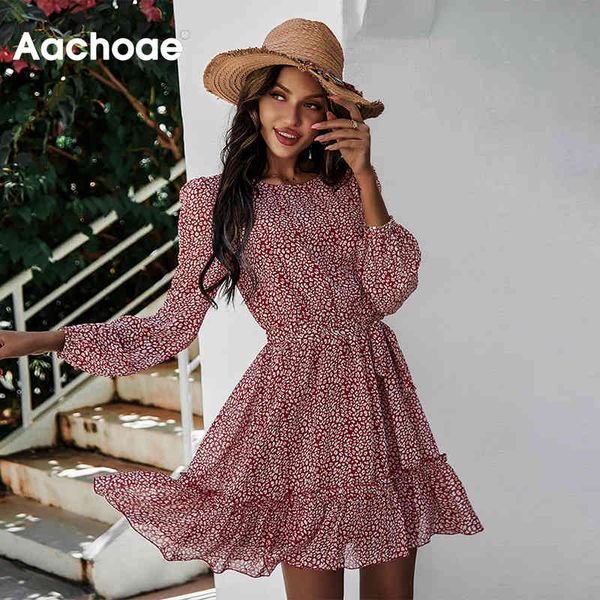 

summer printed mini dresses women o neck a line ruffles boho beach casual long sleeve elegant sashes dress 210413, Black;gray