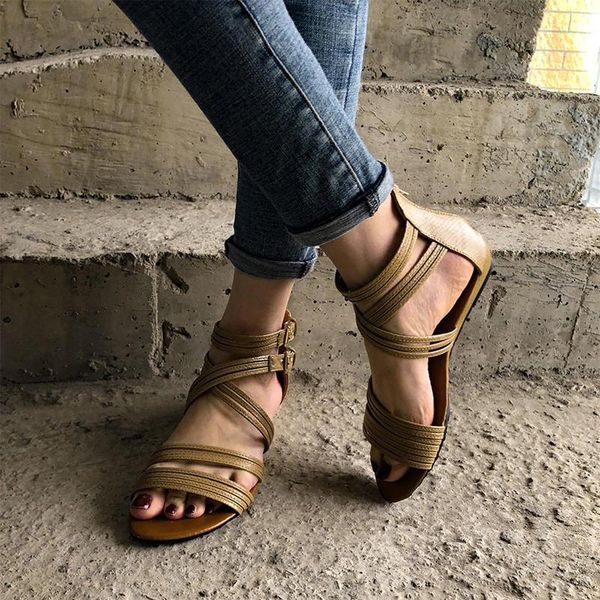 

sandals 2021 summer women's large size buckle zipper flat slippers ladies roman casual shoes female, Black