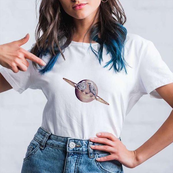 

special imagination tees kawaii women two little sparrows on saturn printed aesthetic white o neck shirt