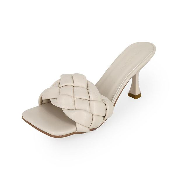 

slippers 2021 summer korean fashion woven sandals female high-heeled simple solid color shoes, Black