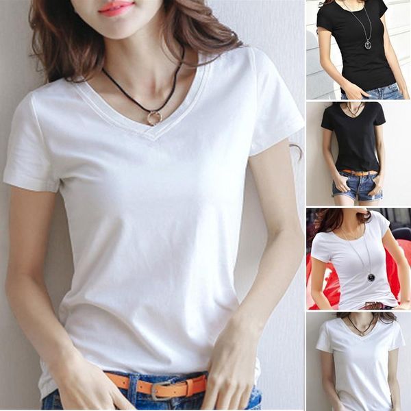 

basic solid color v neck women t shirts summer short sleeve polyester black white round casual tee