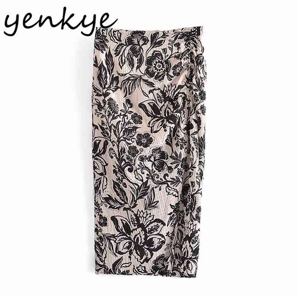

vintage draped floral print skirt women side zipper high waist slits faldas mujer fashion summer midi jupe 210514, Black
