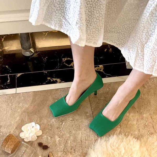 

dress shoes square toe women slides fashion pumps shallow slip on thin high heels green/black elegant office woman size 39 iixk
