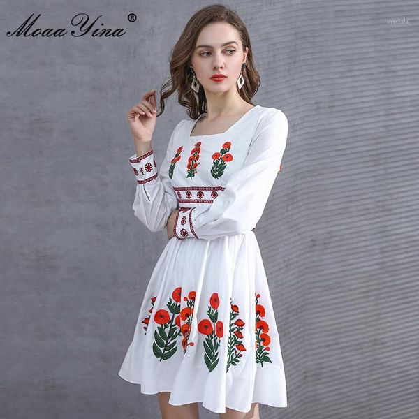 

moaayina fashion designer dress spring women's square collar lantern sleeve flowers embroidery vacation elegant dresses casual, Black;gray