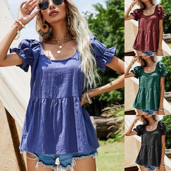 

casual dresses european and american women's summer round neck bubble short sleeve cotton doll top, Black;gray