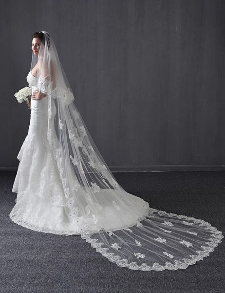 

bridal veils long cathedral wedding lace edge beading pearl white ivory two tiers, Black