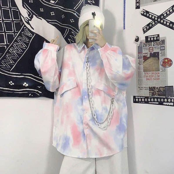 

men's casual shirts long-sleeved shirt women blouse ins harajuku personality tie-dye loose student cardigan korean fashion clothes, White;black