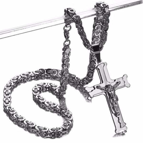 

never fade stainless steel cross with jesus pendant biker men's women's fashion necklace jewelry handmade 18-40inch friend gift ch, Silver