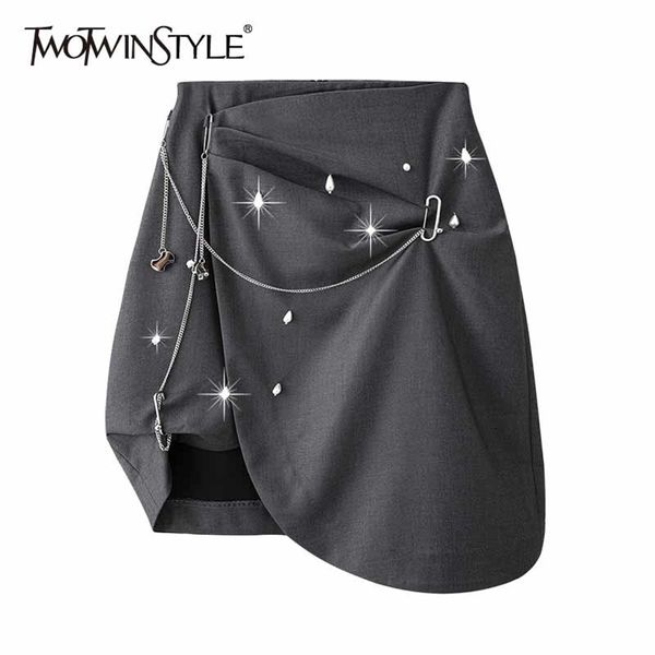 

gray patchwork chain skirt for women high waist irregular hem casual solid mini skirts female korean summer fashion 210521, Black