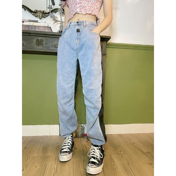 

women's jeans high waisted drawstring hemmed individual color matching design work straight pants loose and versatile jean, Blue