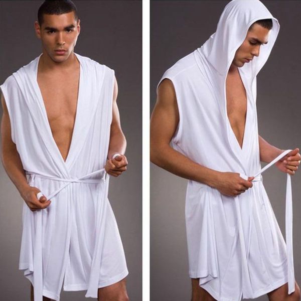 

bathrobe european version ice silk men's hooded sleeveless thin style smooth bathrobe without underwear