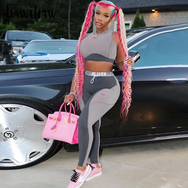 

women's tracksuits hawthaw women autumn sleeveless crop tank long pants tights sportswear workout fitness two piece set 2021 fall clot, Gray