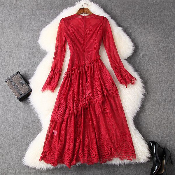 

dress fashion runway design spring elegant female sleeves complete frilly shreds and lace dressed red party, Black;gray