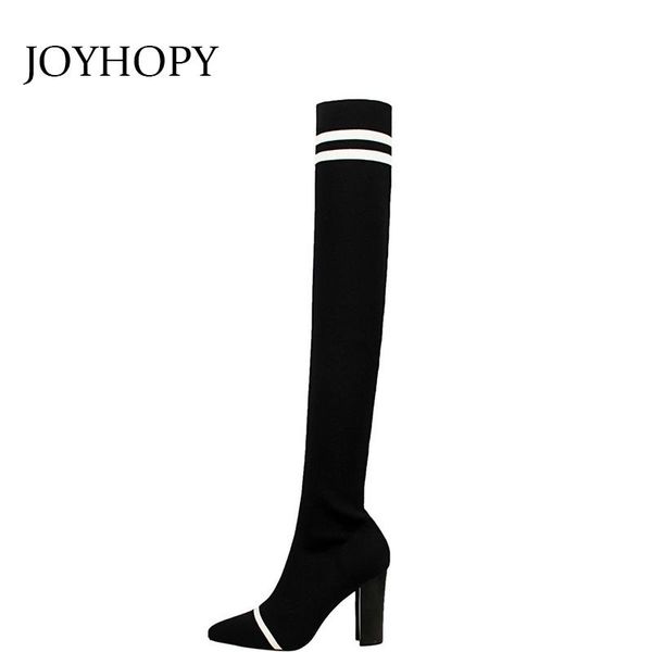 

boots knitting over the knee 2021 autumn winter stretch elastic cloth thick high heels shoes stripe woman long wb007, Black