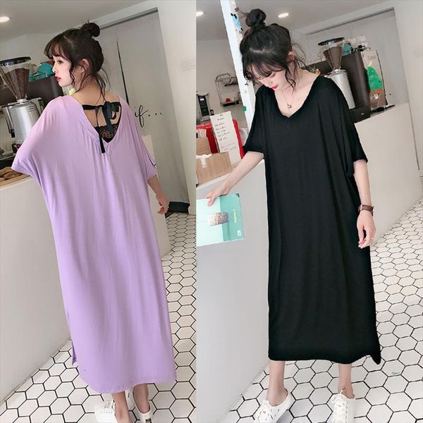 

oversize modal basic nightgown nightie womens sleepwears long fat mm home dress short sleeve sleepwear pregnant night shirt loose nightwear, Black;red