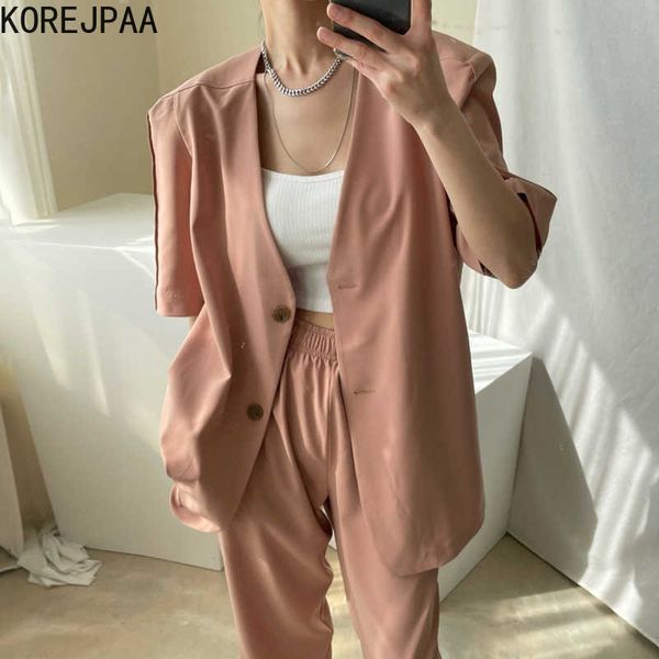 

korejpaa women pant sets korea chic retro v-neck loose two-button short sleeve blazer and high waist casual trousers suit 210526, White