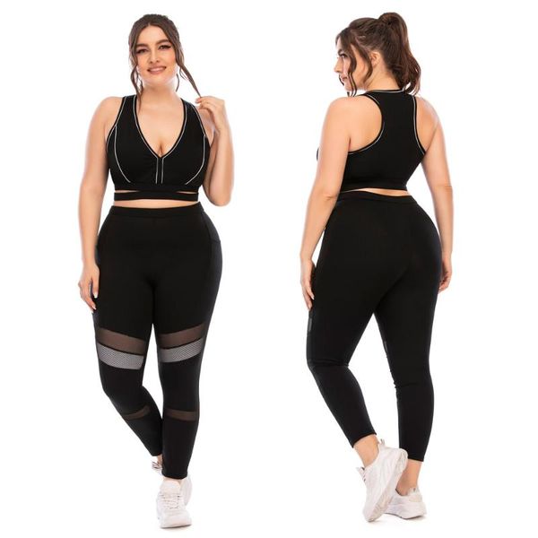 

plus size tracksuits 2021 women's sport sets sportsuit sportwear plussize large big running yoga suits for female bra long trouser, Black