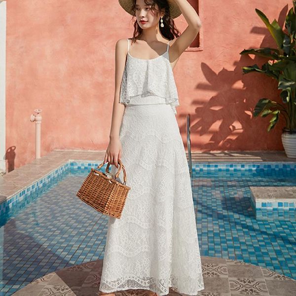 

bacakless ruffle runway 2021 korean vacation beach dress maxi white lace women sundress summer elegant vintage party night casual dresses, Black;gray