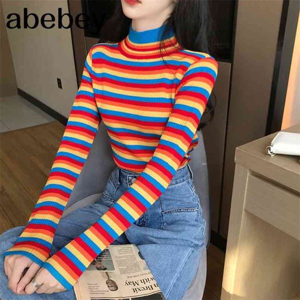 

winter rainbow knitted women sweaters and long sleeve casual o-neck pullovers sueter mujer striped turtleneck jumper 210812, White;black
