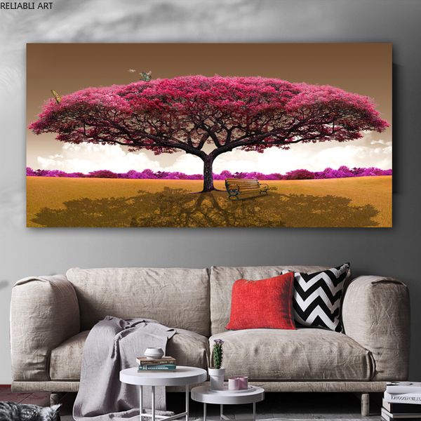 Cartaz Red Tree Wall Art Pintura de lona para sala de estar Paisagem Posters e Impressões Canvas Impressões Decorativas Cuadros