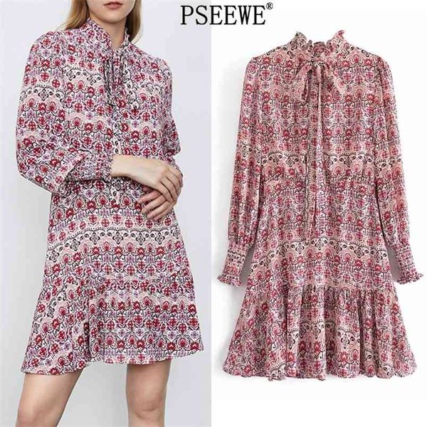 

bow print chiffon mini dress women summer vintage long sleeve ruffle short dresses ladies elegant woman 210519, Black;gray