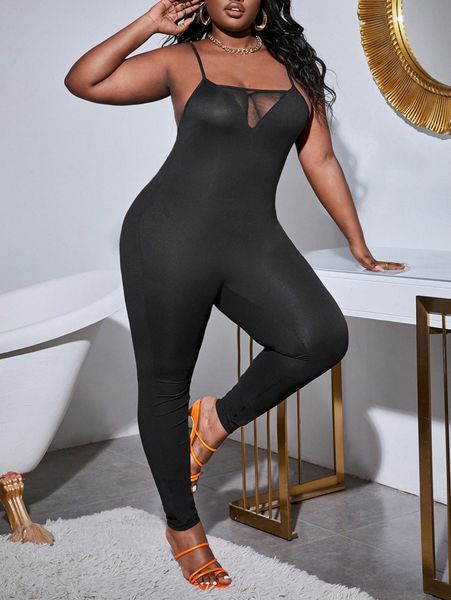 

sxy plus contrast mesh cami unitard jumpsuit n3pi#, Black