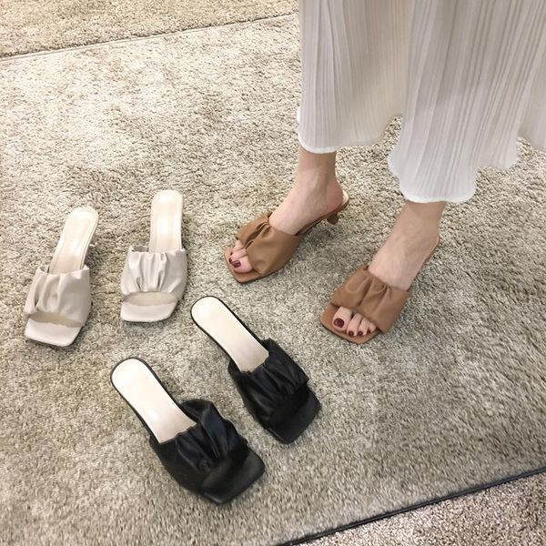 

slippers women's shoes outdoor 2021 summer fold fashion stiletto heels, Black