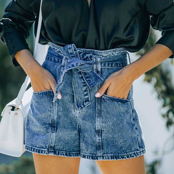 

jeans splicing ny high waist denim shorts washable belt women's in 2021, Blue