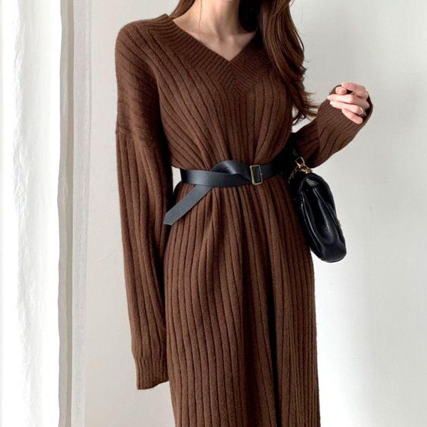 

casual dresses vanovich korean style temperament straight waist belt mid-length knitted dress 2021 autumn and winter women, Black;gray