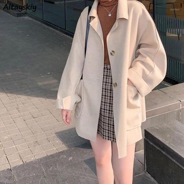 

women's wool & blends women solid color loose drop-shoulder single breasted medium-long fashion elegant ladies winter coats korean styl, Black