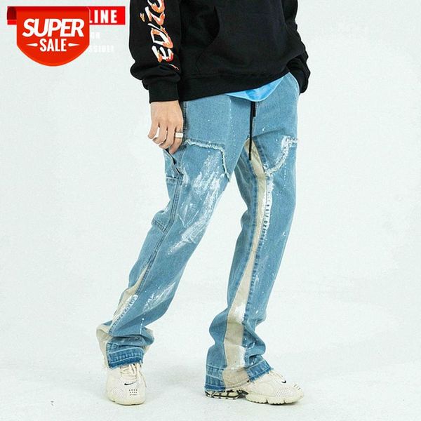 

tkpa country stitching ink wash jeans men's slim flared pants couple #kk3z, Blue