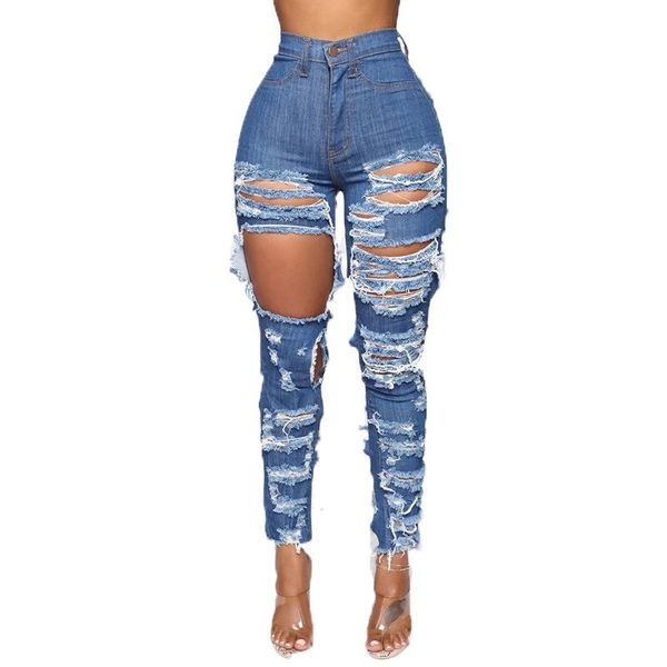 

women's ripped jeans fall pants tassel skinny fashion slim high waist distressed streetwear, Blue