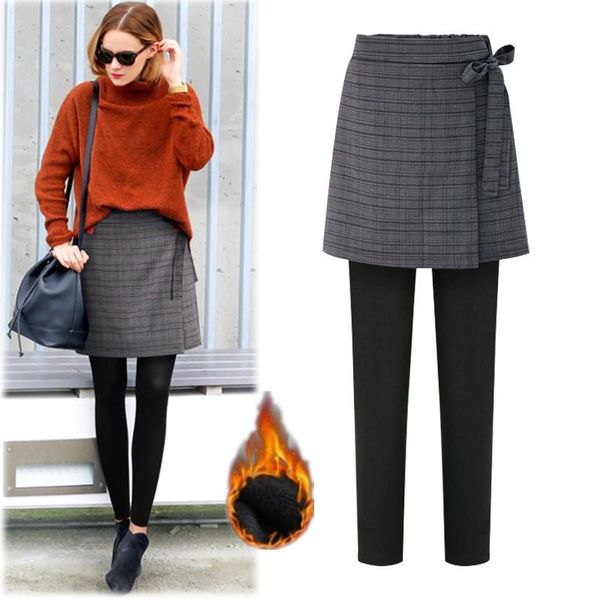 

women's pants & capris -6xl plus size fake two pieces elastic high waist warm winter women velvet thick fleece ladies pantalon femme, Black;white