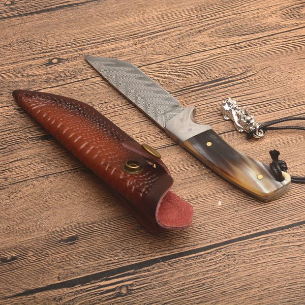 Özel Teklif Survival Düz Bıçak VG10 Şam Çelik Damla Nokta Bıçak Tam Tang Horn + Çelik Kafa Kolu Deri Kılıf Ile Sabit Bıçaklar Bıçaklar