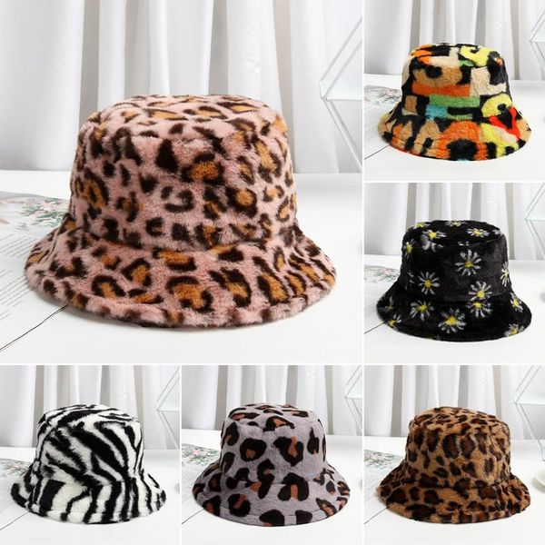 

winter faux fur cow bucket hat multicolor rainbow adjustable fisherman cap soft warm casual cloche hats women outdoor fashion, Black;white