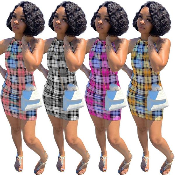 

casual dresses women o neck plaid print summer mini dress ladies sleeveless bodycon vestidos, Black;gray