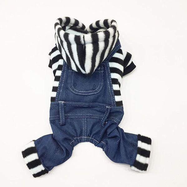 

dog apparel fashion pet jeans stripe winter clothes jumpsuit cat puppy trendy thicken hoodies warm four-legged dc612