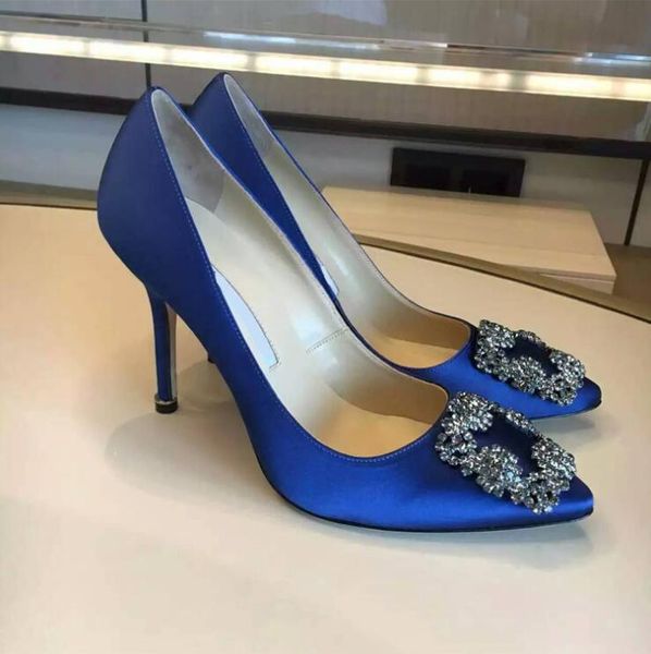 

2021 pumps women high heel shoes 8  12cm spring pointed rhinestone square buckle satin women's wedding shoes 35-42, Black